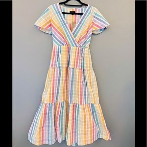 J Crew Faux Wrap Dress rainbow gingham multi color midi NWT
